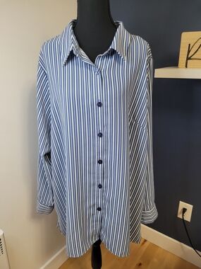 Joan Rivers Blue & White Striped Button Down Blouse Size XL